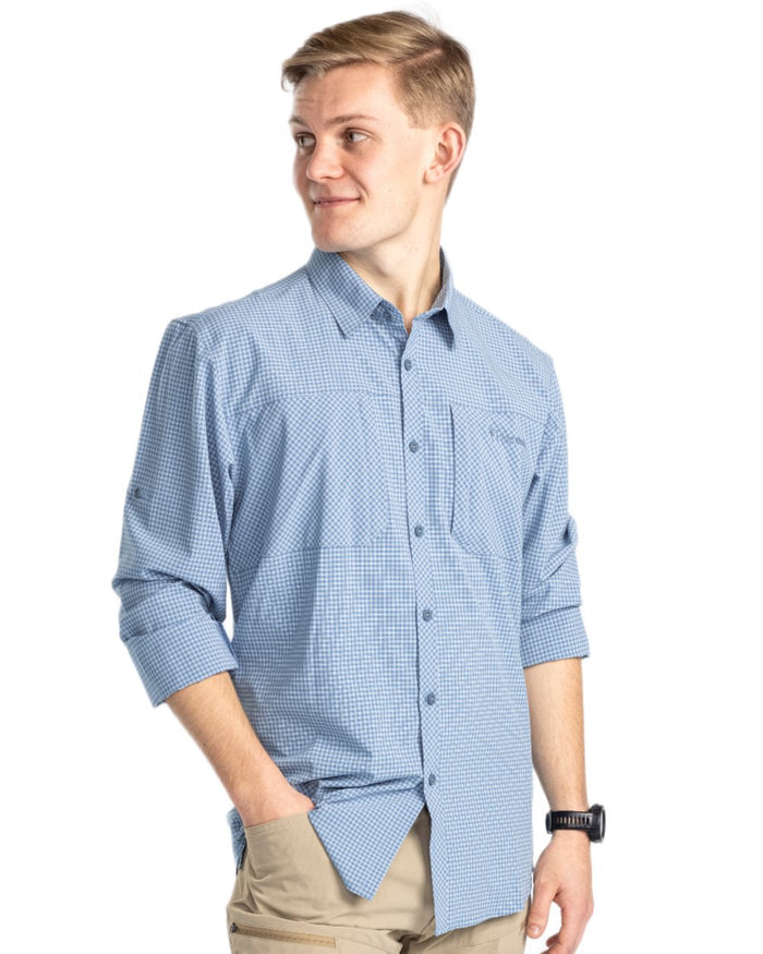 Fog Blue Off White coloured Pinewood Mens Insectsafe Long Sleeve Shirt on white background #colour_fog-blue-off-white