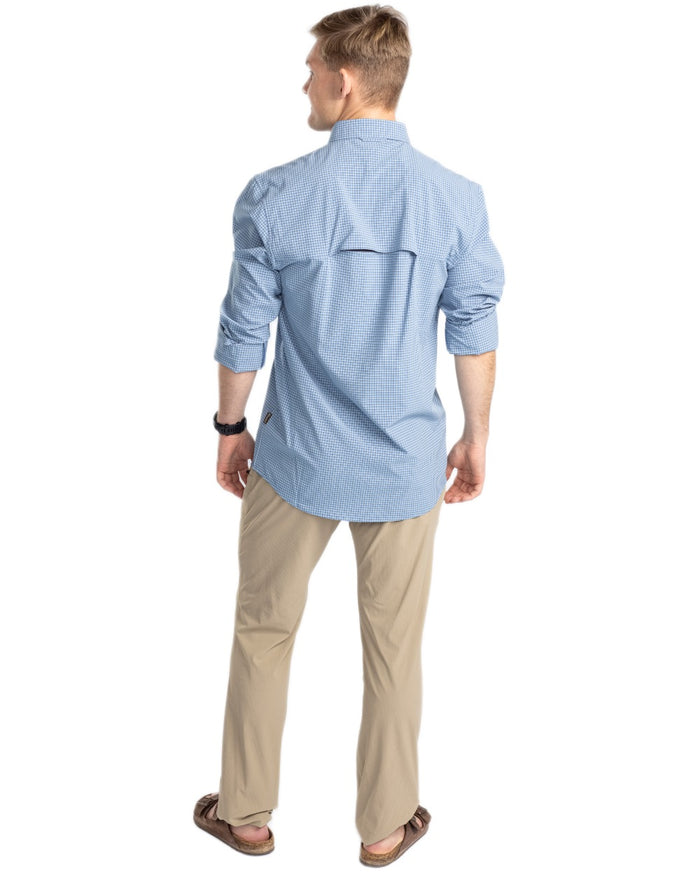 Fog Blue Off White coloured Pinewood Mens Insectsafe Long Sleeve Shirt on white background #colour_fog-blue-off-white