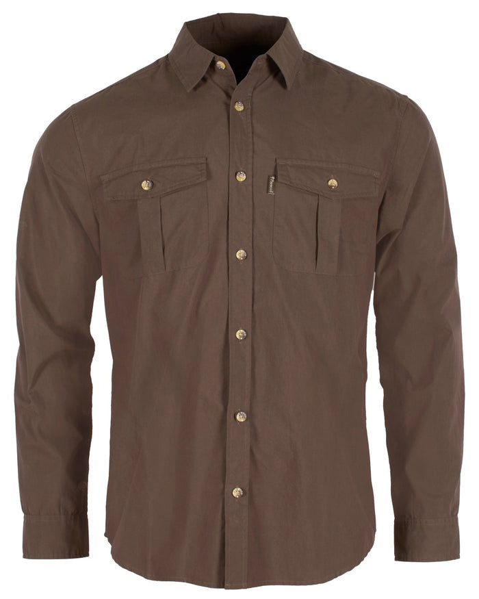 Dark Olive coloured Pinewood Mens InsectSafe Poplin Long Sleeve Shirt on white background #colour_dark-olive