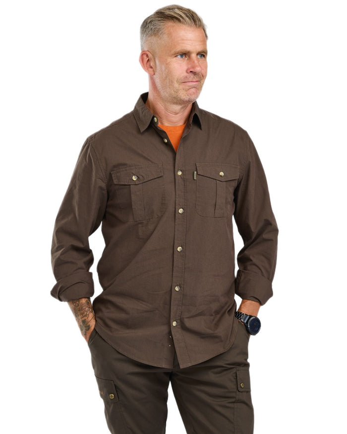 Dark Olive coloured Pinewood Mens InsectSafe Poplin Long Sleeve Shirt on white background #colour_dark-olive