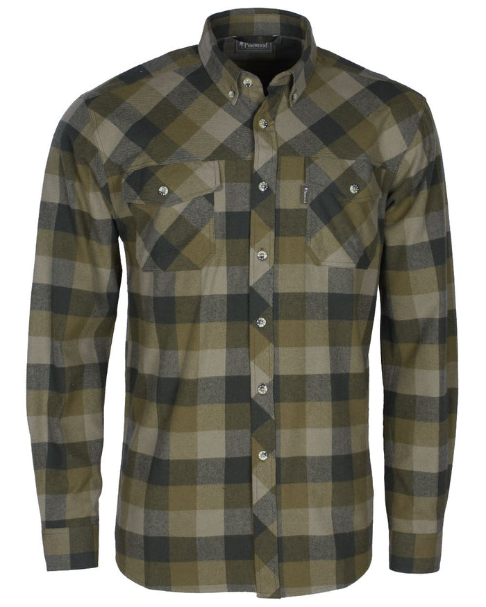 Olive Suede Brown coloured Pinewood Mens Lumbo Shirt on white background #colour_olive-suede-brown