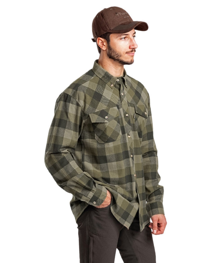 Olive Suede Brown coloured Pinewood Mens Lumbo Shirt on white background #colour_olive-suede-brown