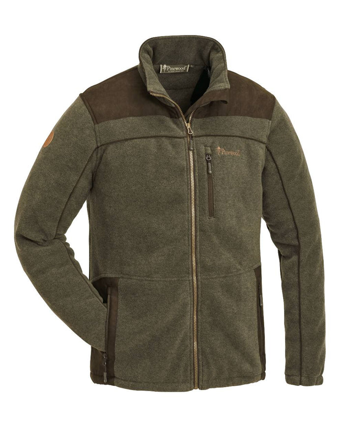 Olive Mel Suede Brown Coloured Pinewood Mens Prestwick Exclusive Fleece Jacket on white background #colour_olive-mel-suede-brown