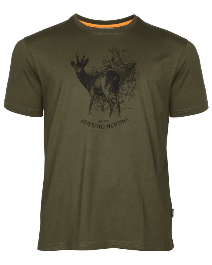Olive coloured Pinewood Mens Roe Deer T-Shirt on white background #colour_olive