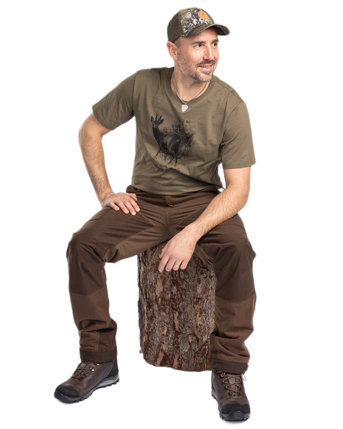 Olive coloured Pinewood Mens Roe Deer T-Shirt on white background #colour_olive