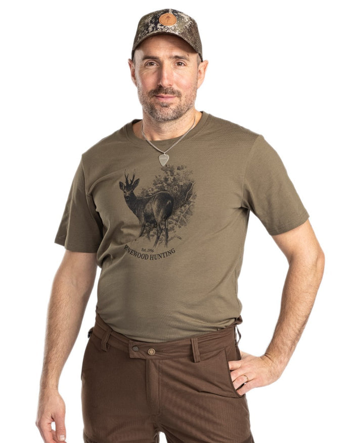 Olive coloured Pinewood Mens Roe Deer T-Shirt on white background #colour_olive