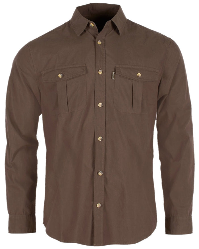 Dark Olive Coloured Pinewood Mens Safari Long Sleeve Shirt on white background #colour_dark-olive