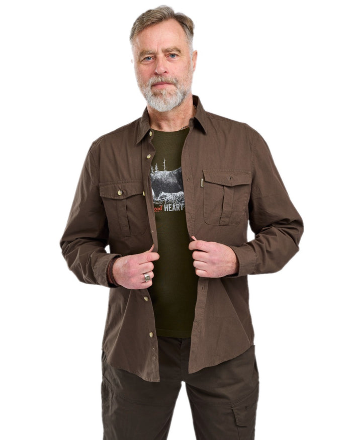 Dark Olive Coloured Pinewood Mens Safari Long Sleeve Shirt on white background #colour_dark-olive