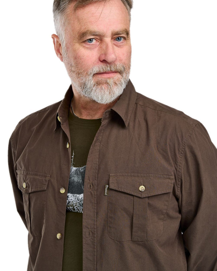 Dark Olive Coloured Pinewood Mens Safari Long Sleeve Shirt on white background #colour_dark-olive
