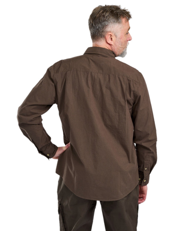 Dark Olive Coloured Pinewood Mens Safari Long Sleeve Shirt on white background #colour_dark-olive