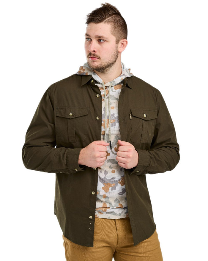 Moss Green Coloured Pinewood Mens Safari Long Sleeve Shirt on white background #colour_moss-green