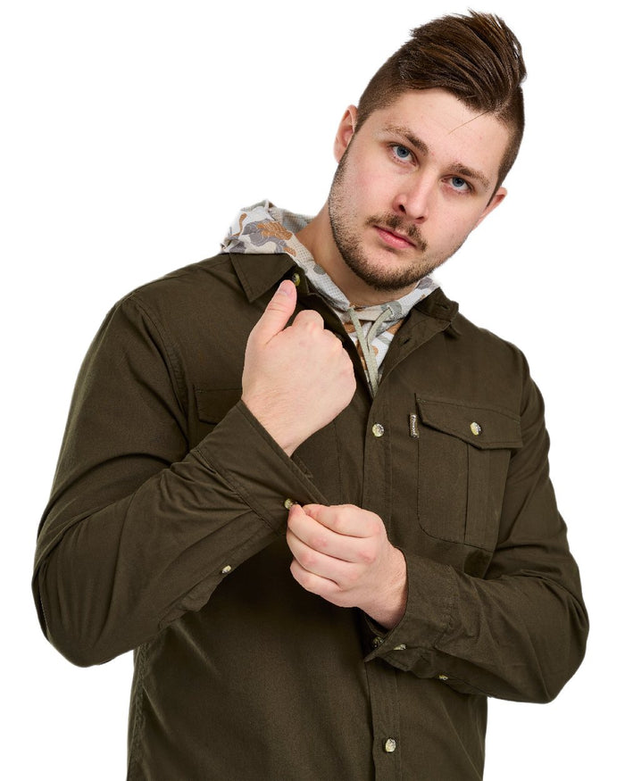 Moss Green Coloured Pinewood Mens Safari Long Sleeve Shirt on white background #colour_moss-green