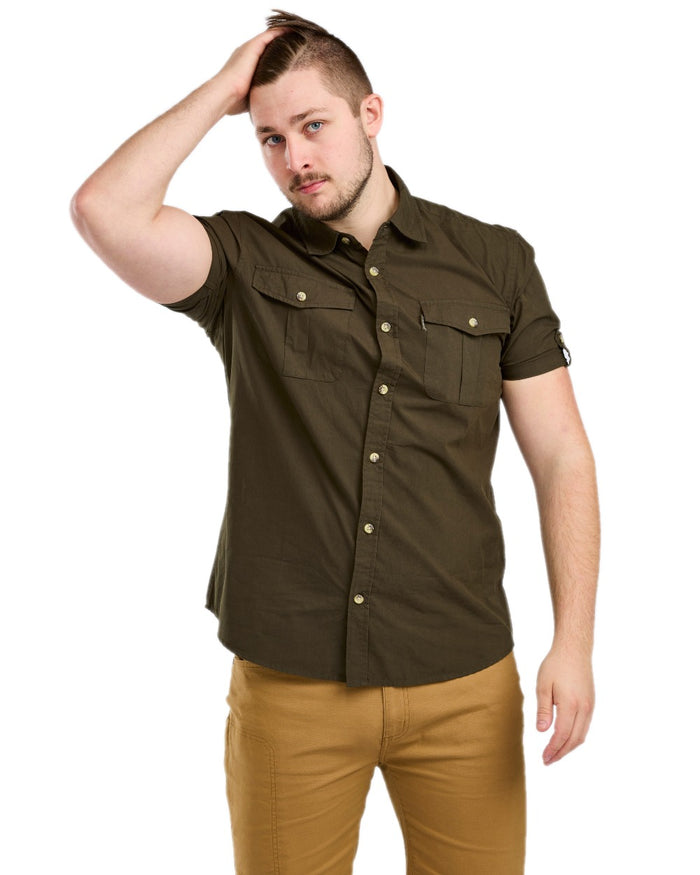 Moss Green Coloured Pinewood Mens Safari Short Sleeve Shirt on white background #colour_moss-green