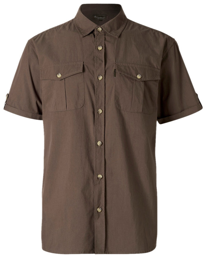 Dark Olive Coloured Pinewood Mens Safari Short Sleeve Shirt on white background #colour_dark-olive