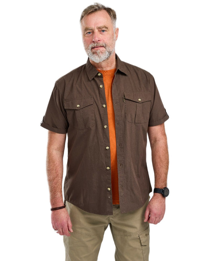 Dark Olive Coloured Pinewood Mens Safari Short Sleeve Shirt on white background #colour_dark-olive