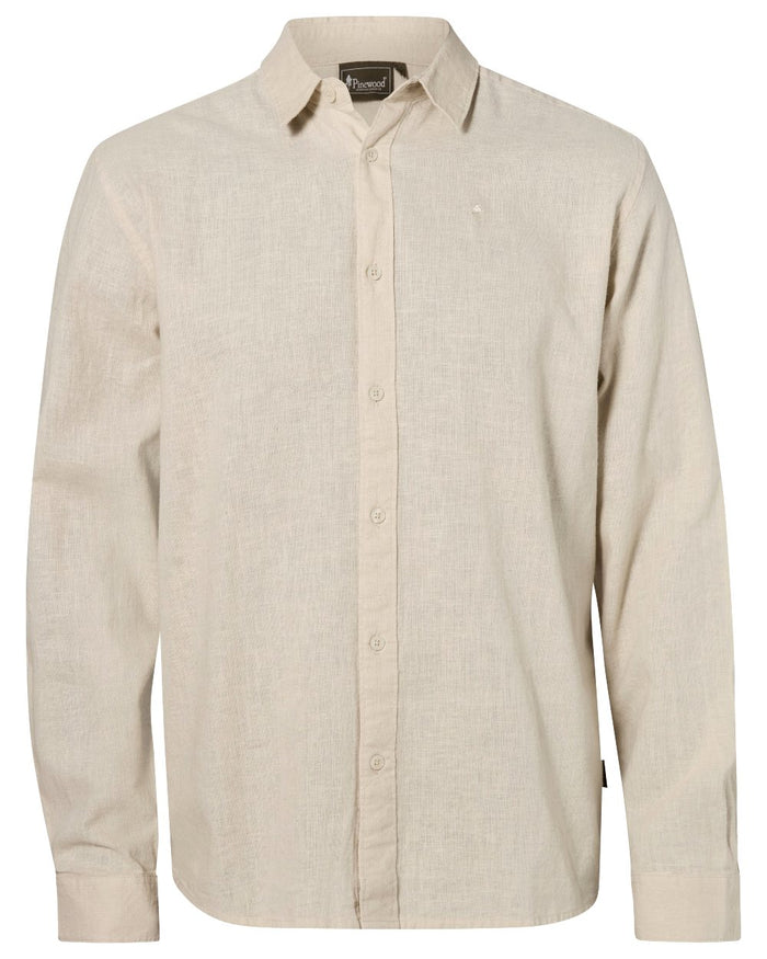 Linen Beige coloured Pinewood Mens Varnamo InsectSafe Hemp Mix Long Sleeve Shirt on white background #colour_linen-beige