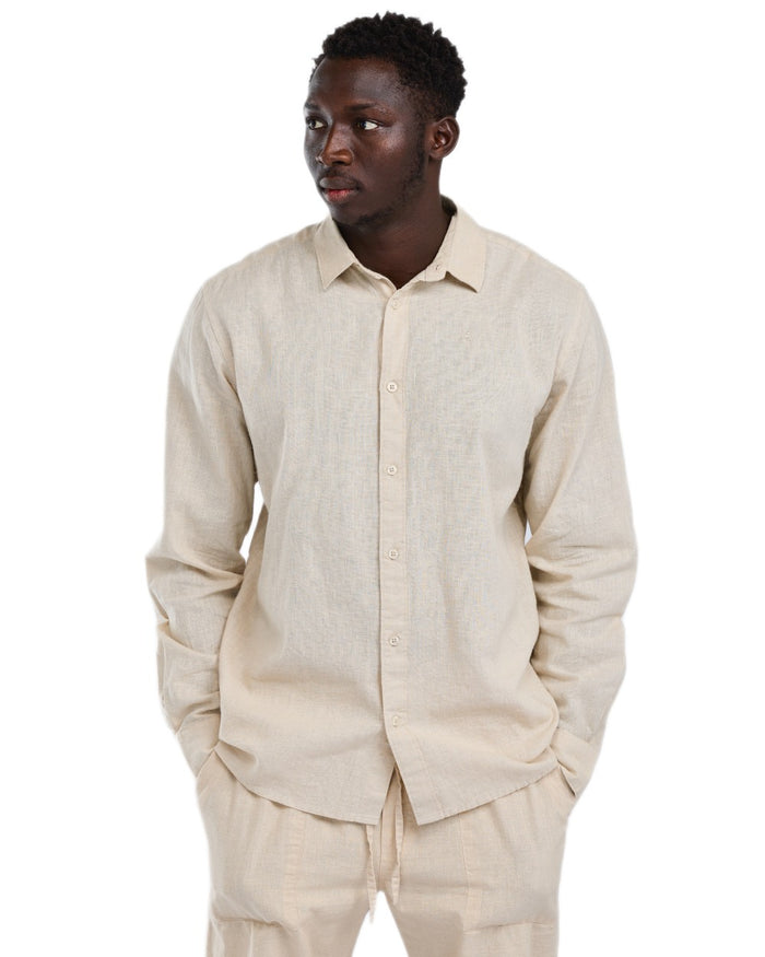 Linen Beige coloured Pinewood Mens Varnamo InsectSafe Hemp Mix Long Sleeve Shirt on white background #colour_linen-beige
