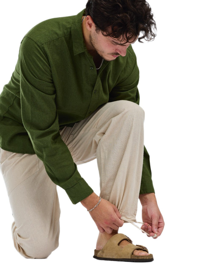 Linen Beige coloured Pinewood Mens Varnamo InsectSafe Hemp Mix Trousers on white background #colour_linen-beige