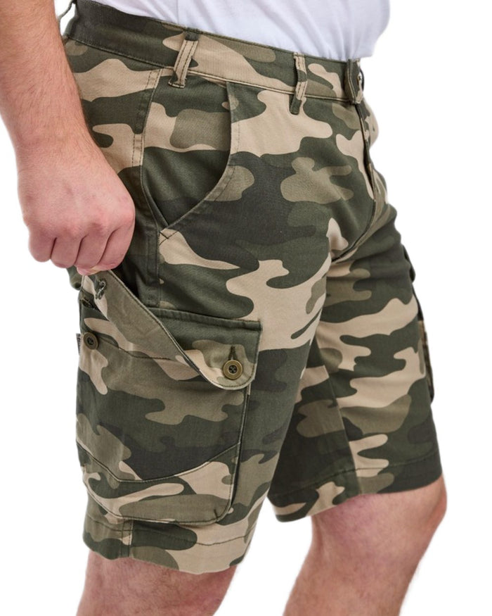 Khaki Camouflage Coloured Pinewood Mens Värnamo Serengeti Shorts on white background #colour_khaki-camouflage