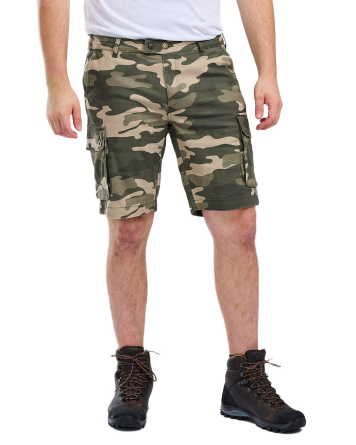 Khaki Camouflage Coloured Pinewood Mens Värnamo Serengeti Shorts on white background #colour_khaki-camouflage