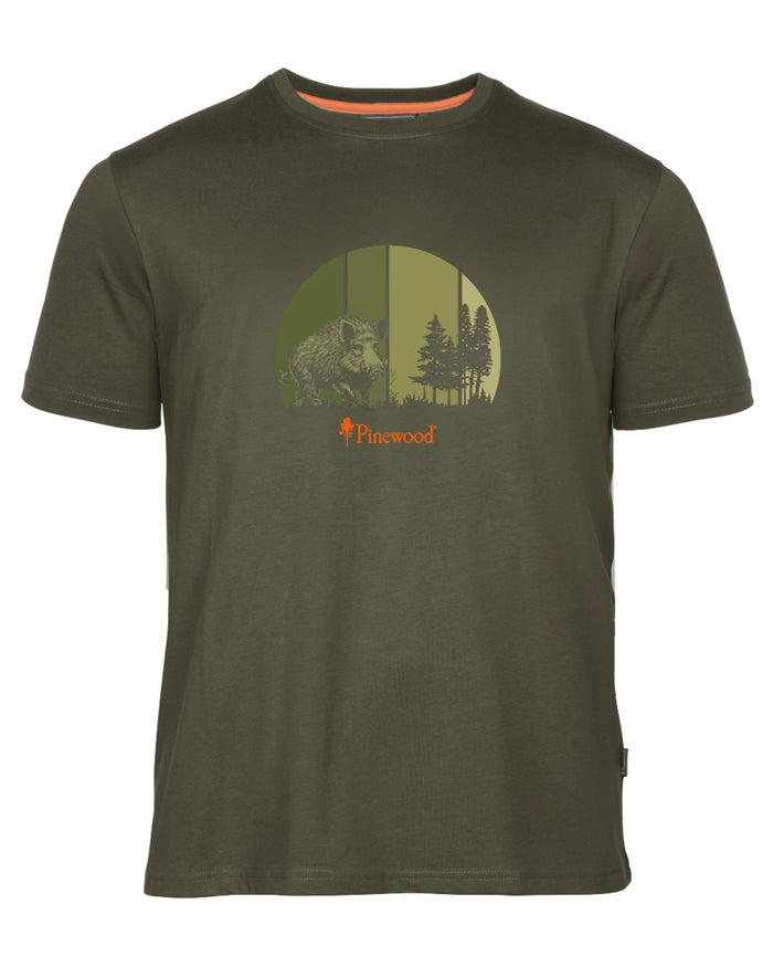 Olive coloured Pinewood Mens Wild Boar T-Shirt on white background #colour_olive