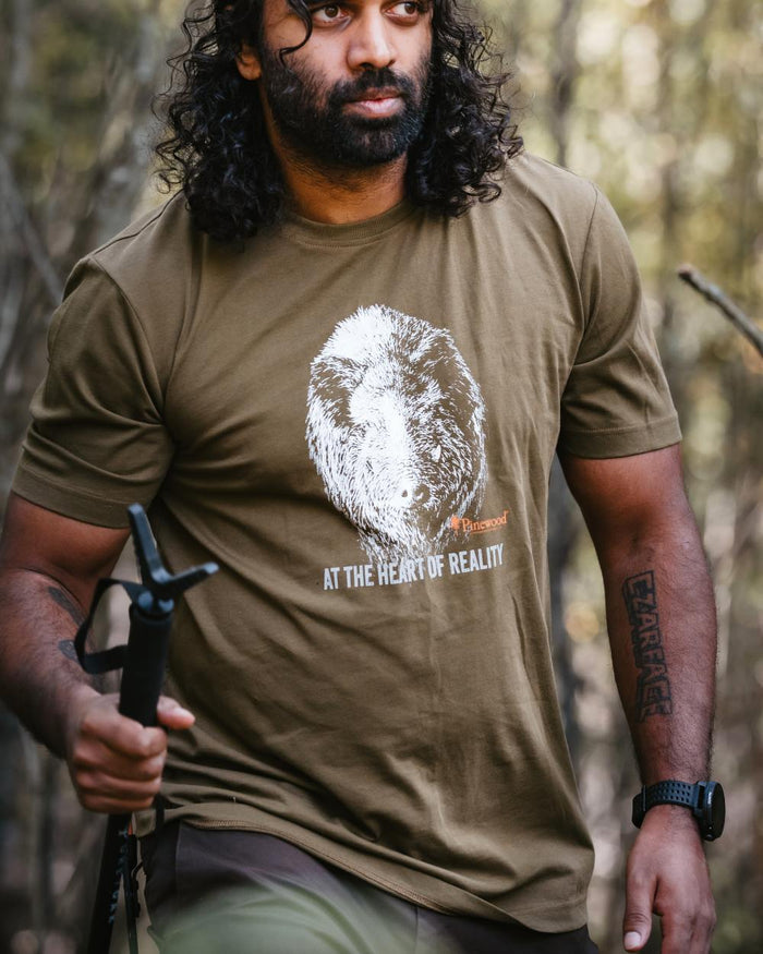 Hunter Olive coloured Pinewood Mens Wild Boar T-Shirt on outdoor background #colour_hunter-olive