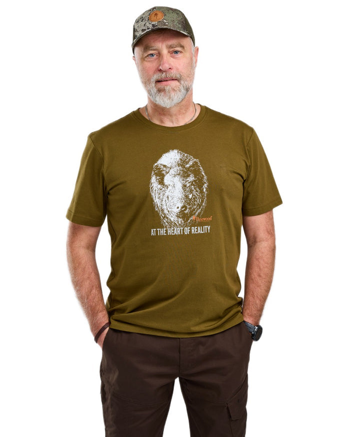 Hunter Olive coloured Pinewood Mens Wild Boar T-Shirt on white background #colour_hunter-olive
