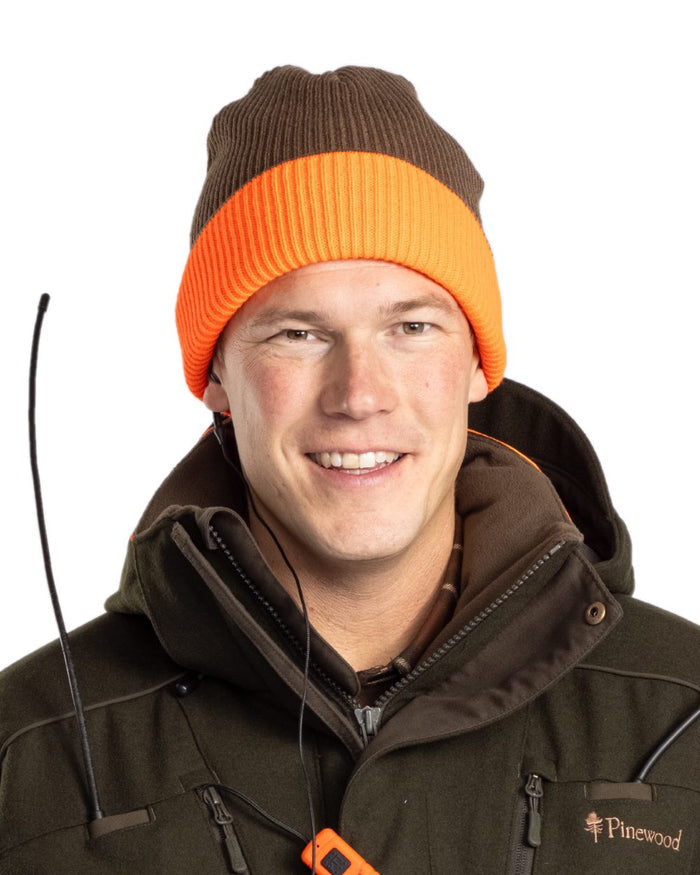 Mossgreen Orange Coloured Pinewood Smaland Reversible Hunters Hat on white background #colour_mossgreen-orange