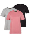 Grey Melange Dark Pink Black coloured Pinewood Womens 3 Pack T-Shirt on white background #colour_grey-melange-dark-pink-black