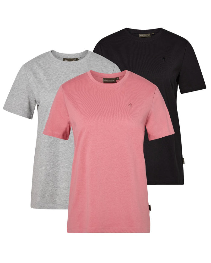 Grey Melange Dark Pink Black coloured Pinewood Womens 3 Pack T-Shirt on white background #colour_grey-melange-dark-pink-black