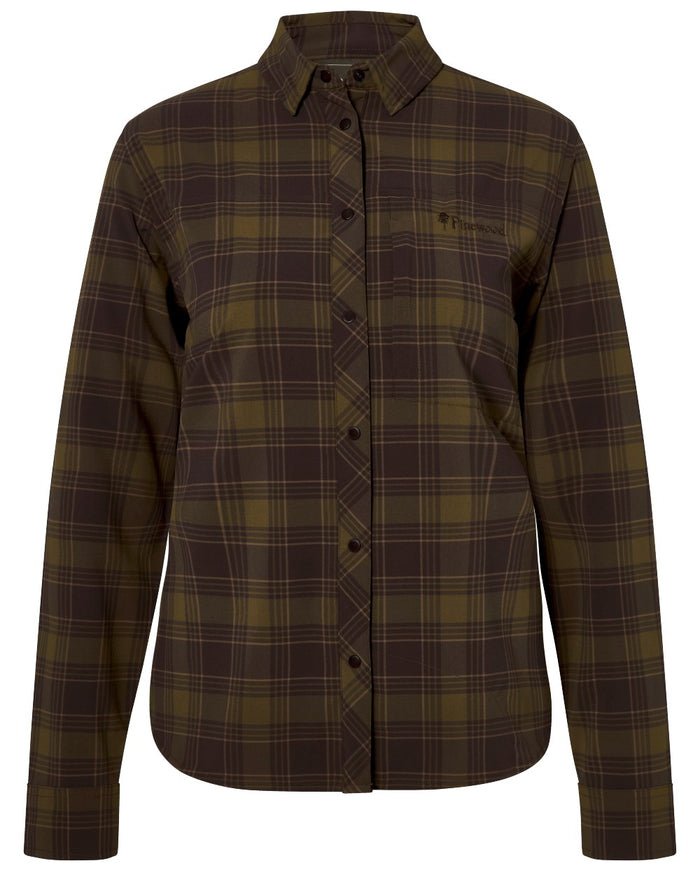 Dark Olive Dark Sandstone coloured Pinewood Womens Abisko Trekking InsectSafe Long Sleeve Shirt on white background #colour_dark-olive-dark-sandstone