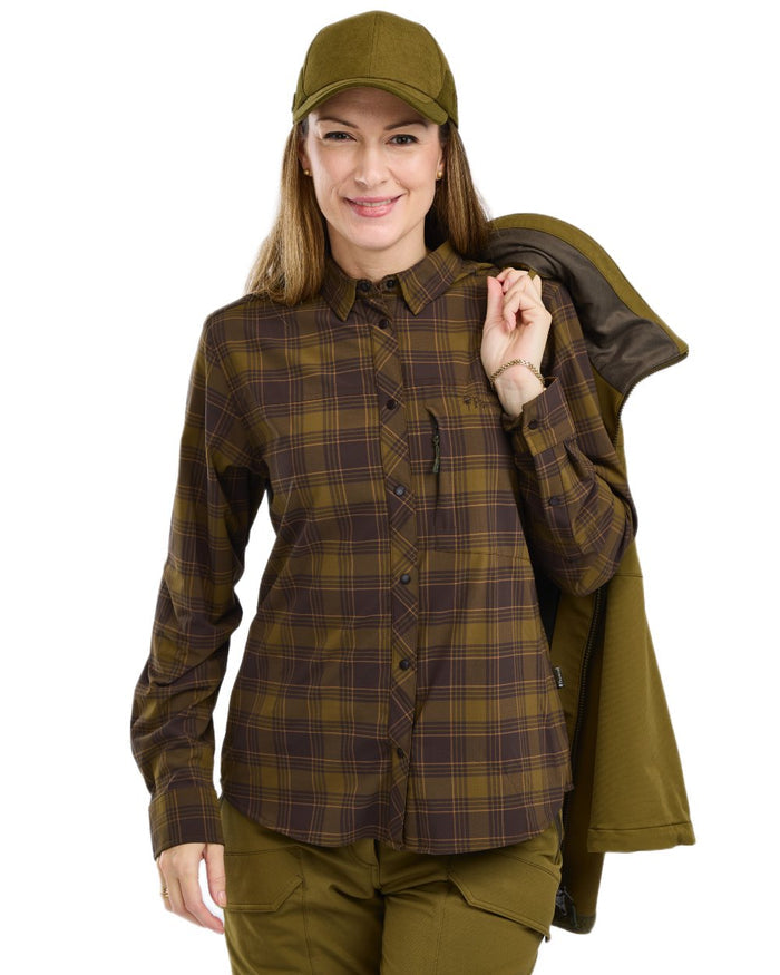 Dark Olive Dark Sandstone coloured Pinewood Womens Abisko Trekking InsectSafe Long Sleeve Shirt on white background #colour_dark-olive-dark-sandstone