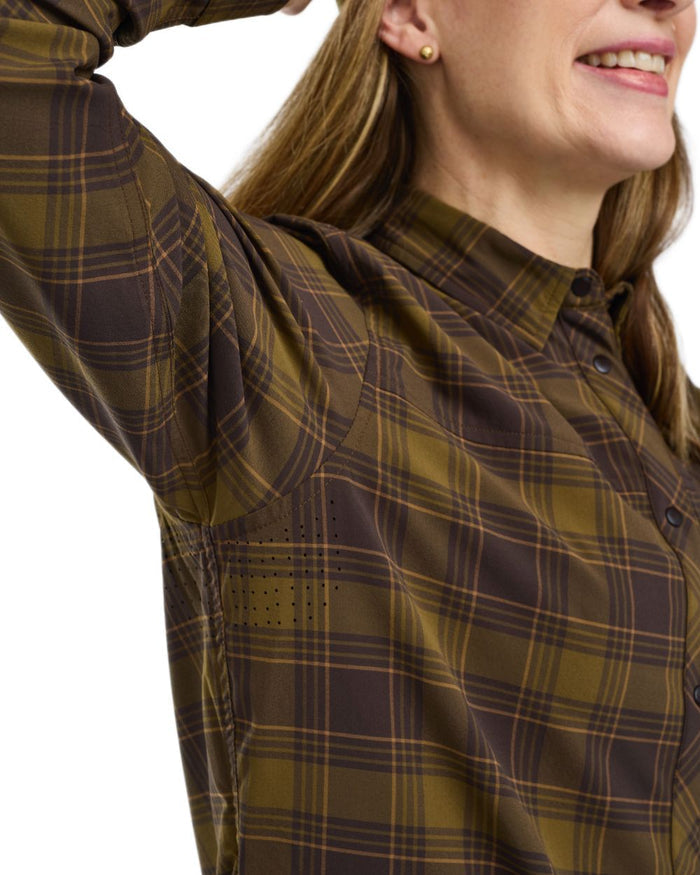 Dark Olive Dark Sandstone coloured Pinewood Womens Abisko Trekking InsectSafe Long Sleeve Shirt on white background #colour_dark-olive-dark-sandstone