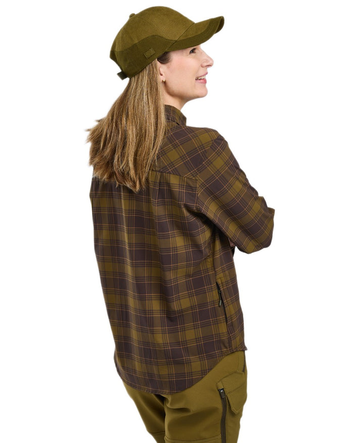 Dark Olive Dark Sandstone coloured Pinewood Womens Abisko Trekking InsectSafe Long Sleeve Shirt on white background #colour_dark-olive-dark-sandstone