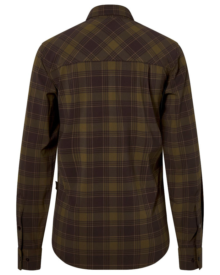 Dark Olive Dark Sandstone coloured Pinewood Womens Abisko Trekking InsectSafe Long Sleeve Shirt on white background #colour_dark-olive-dark-sandstone