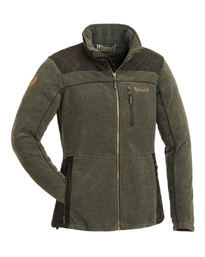 Olive Mel Suede Brown Coloured Pinewood Womens Diana Exclusive Fleece Jacket on white background #colour_olive-mel-suede-brown