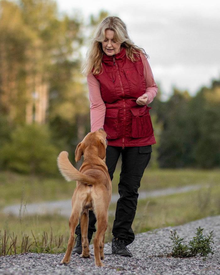 Dark Tomato Dark Red Coloured Pinewood Womens Dog Sports Trainer Vest on outdoor background #colour_dark-tomato-dark-red