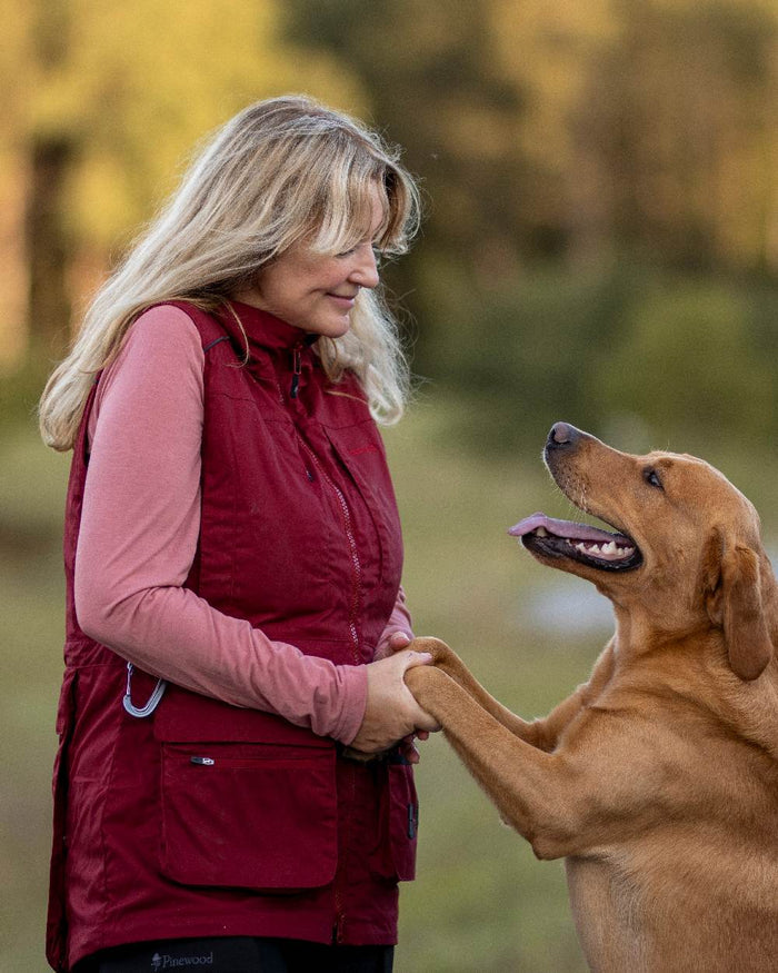 Dark Tomato Dark Red Coloured Pinewood Womens Dog Sports Trainer Vest on outdoor background #colour_dark-tomato-dark-red