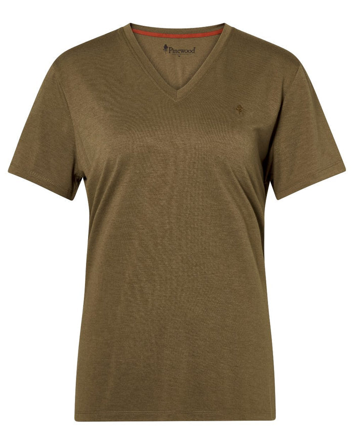 Olive Green coloured Pinewood Womens Finnveden Forest T-Shirt on white background #colour_olive-green