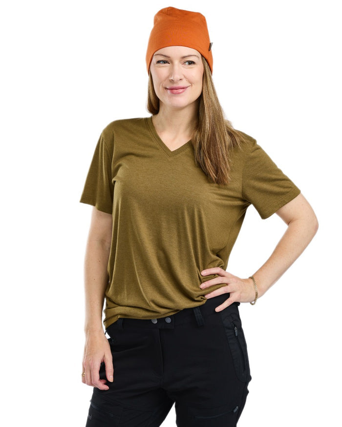 Olive Green coloured Pinewood Womens Finnveden Forest T-Shirt on white background #colour_olive-green