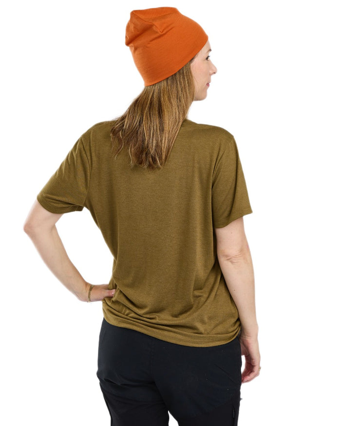 Olive Green coloured Pinewood Womens Finnveden Forest T-Shirt on white background #colour_olive-green