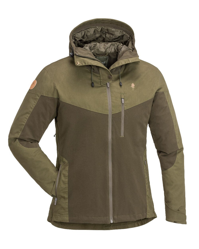 Dark Olive Hunting Olive Coloured Pinewood Womens Finnveden Hybrid Extreme Jacket on white background #colour_dark-olive-hunting-olive