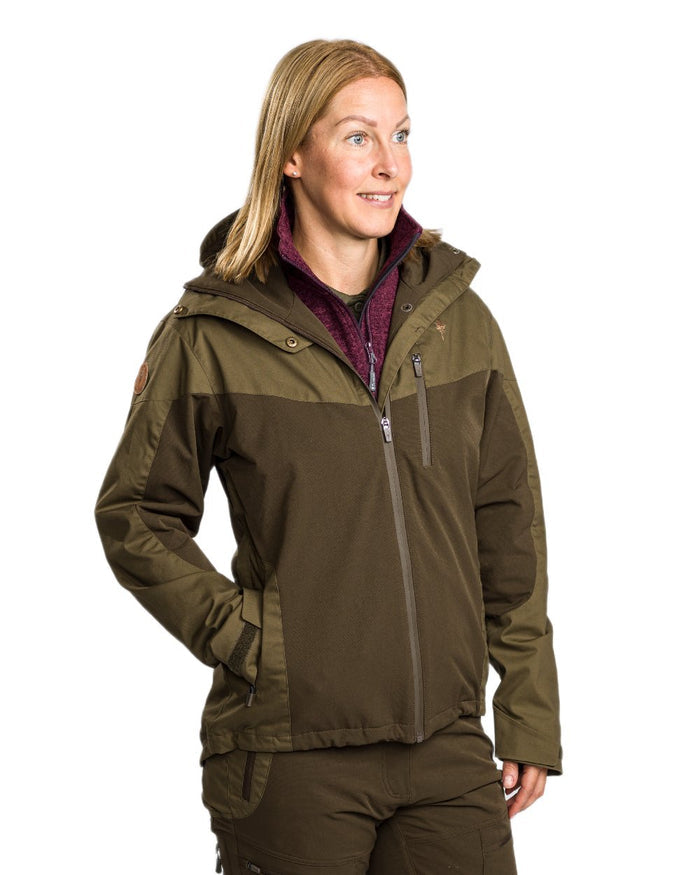 Dark Olive Hunting Olive Coloured Pinewood Womens Finnveden Hybrid Extreme Jacket on white background #colour_dark-olive-hunting-olive