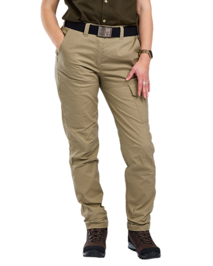 Light Khaki Coloured Pinewood Womens Finnveden Outdoor Trousers on white background #colour_light-khaki