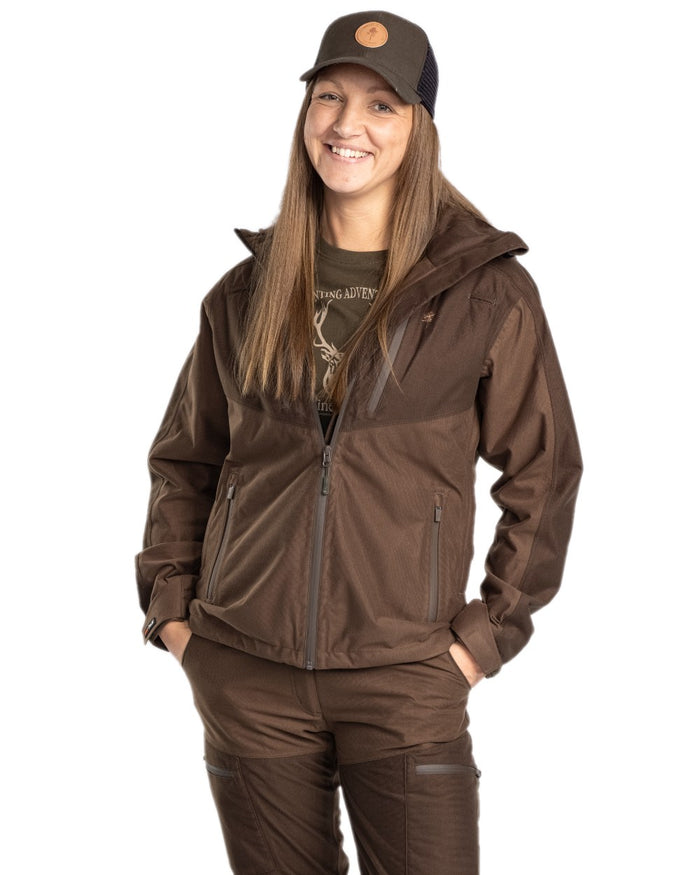 Hunting Brown Suede Brown Coloured Pinewood Womens Furudal Retriever Active Hunting Jacket on white background #colour_hunting-brown-suede-brown