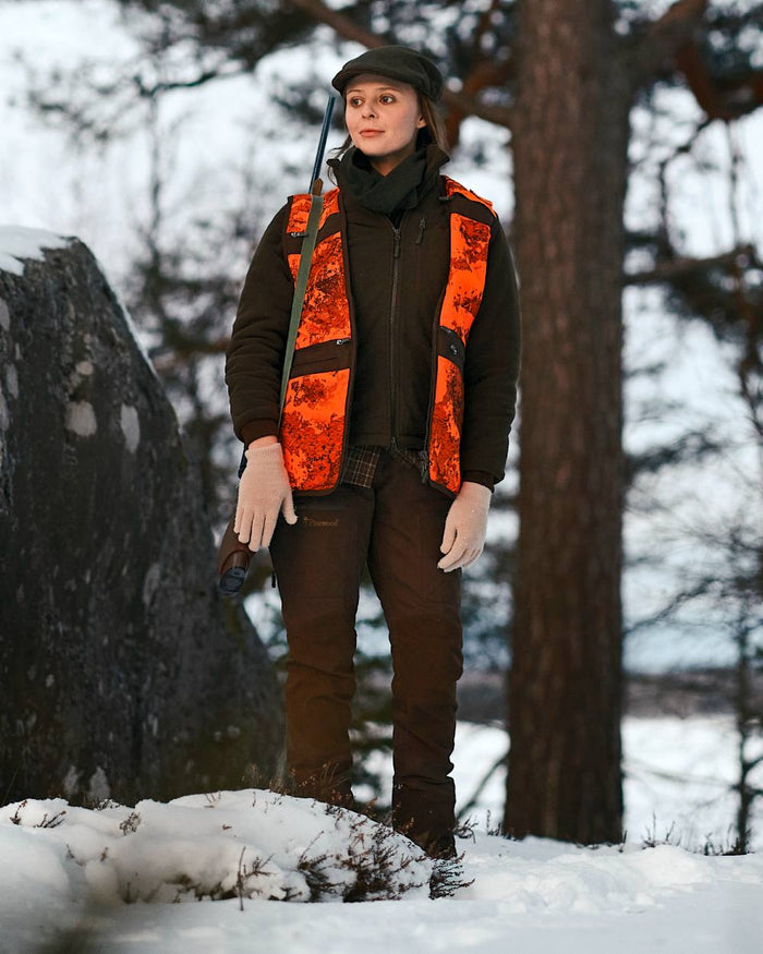 Green Suede Brown Coloured Pinewood Womens Harriette Padded Fleece Jacket on snow background #colour_green-suede-brown