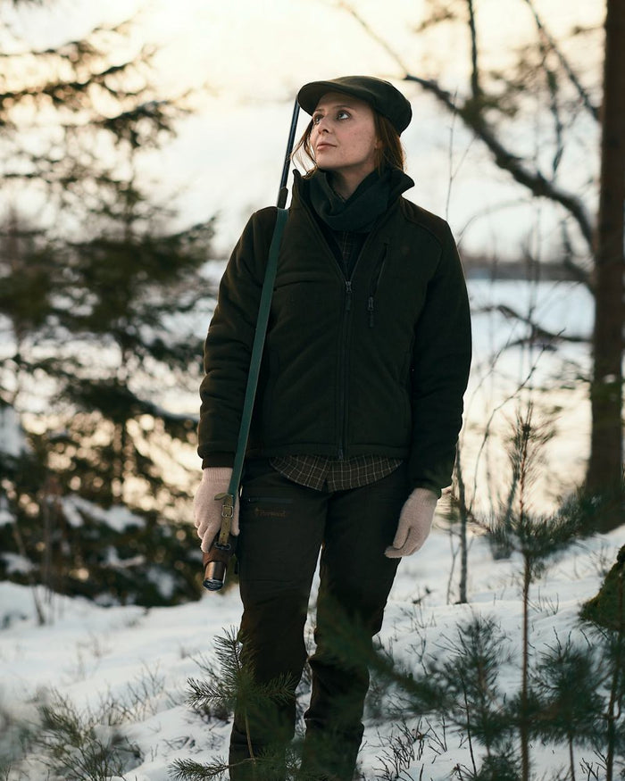 Green Suede Brown Coloured Pinewood Womens Harriette Padded Fleece Jacket on snow background #colour_green-suede-brown