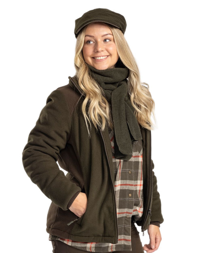 Green Suede Brown Coloured Pinewood Womens Harriette Padded Fleece Jacket on white background #colour_green-suede-brown