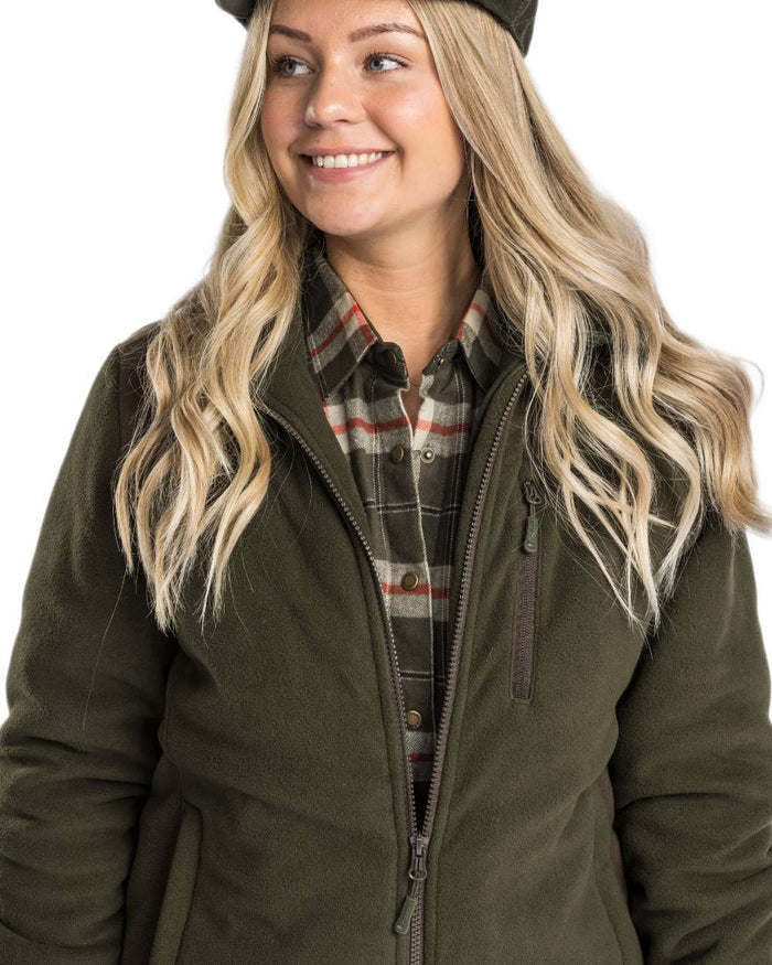 Green Suede Brown Coloured Pinewood Womens Harriette Padded Fleece Jacket on white background #colour_green-suede-brown