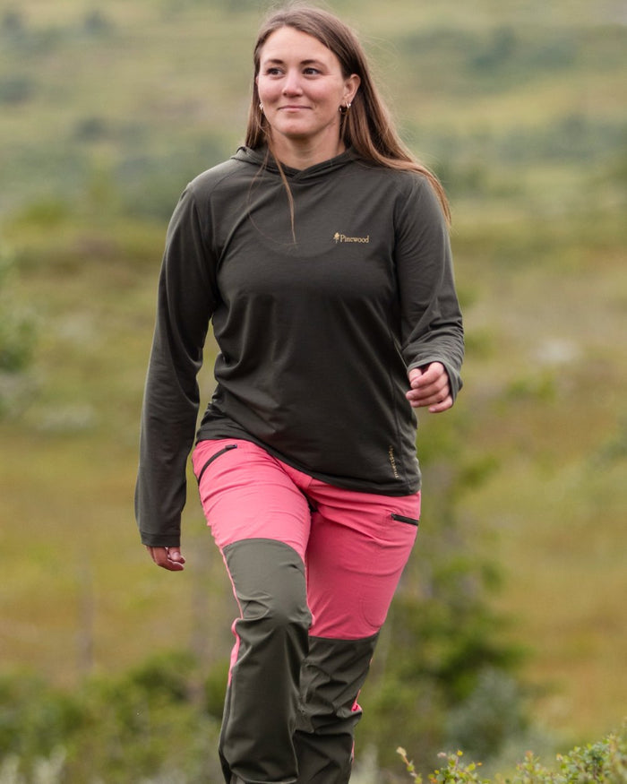 Moss Green coloured Pinewood Womens Insectsafe Function Hoodie on mountain background #colour_moss-green